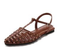 Qynthra Sandalias Planas Vintage Mujer Calzado Gladiador Retro con Tachuelas Y Tira En T Zapatos Romanos Planos De Punta Fina con Diseño Calado Transpirable,Café,41 EU