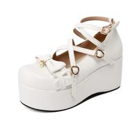 Qynthra Tacones Cuña Lazo Perla Correa Cruzada Punta Redonda Mary Jane Tacones Zapatos Vestir para Fiesta Cosplay PU,Blanca,43 EU