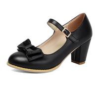 Qynthra Tacones Estilo Kawaii Mujer Lazo Punta Redonda Tacón De Bloque Grueso Mary Jane Zapatos para Fiesta Cosplay Y Atuendo Lindo Pumps De Vestir Ajuste Ancho Tallas Grandes,Negro,36 EU
