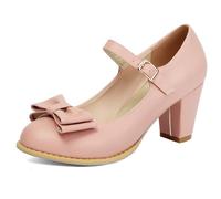 Qynthra Tacones Estilo Kawaii Mujer Lazo Punta Redonda Tacón De Bloque Grueso Mary Jane Zapatos para Fiesta Cosplay Y Atuendo Lindo Pumps De Vestir Ajuste Ancho Tallas Grandes,Rosado,36 EU
