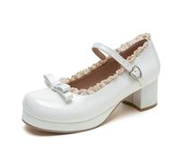 Qynthra Tacones Kawaii Mary Jane Charol Lazo Encaje Adorno Tacón Bloque Punta Redonda para Colegio Uso Diario,Blanca,45 EU