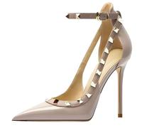 Qynthra Tacones Stiletto Mujer con Tachuelas Cuero Patentado Punta Afilada Tobillera Elegantes Zapatos de Corte Zapatos de Tacón Alto Recepción de Boda Cóctel,Gray 10cm,35 EU