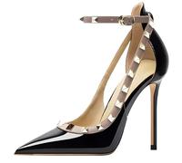 Qynthra Tacones Stiletto Mujer con Tachuelas Cuero Patentado Punta Afilada Tobillera Elegantes Zapatos de Corte Zapatos de Tacón Alto Recepción de Boda Cóctel,Black 10cm,37 EU