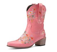 Qynthra Women's Botas Vaqueras De Cuero Bordado Floral Media Pantorrilla Tacón Estable para Rancho Equitación Viajes Al Aire Libre Y Uso Diario,Rosado,41 EU