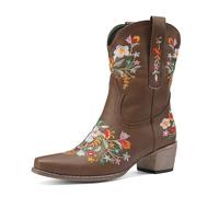 Qynthra Women's Botas Vaqueras De Cuero Bordado Floral Media Pantorrilla Tacón Estable para Rancho Equitación Viajes Al Aire Libre Y Uso Diario,Dark Brown,43 EU