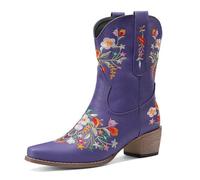 Qynthra Women's Botas Vaqueras De Cuero Bordado Floral Media Pantorrilla Tacón Estable para Rancho Equitación Viajes Al Aire Libre Y Uso Diario,Púrpura,41 EU