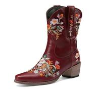 Qynthra Women's Botas Vaqueras De Cuero Bordado Floral Media Pantorrilla Tacón Estable para Rancho Equitación Viajes Al Aire Libre Y Uso Diario,Rojo,42 EU