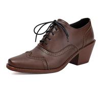 Qynthra Zapatos Brogue Vintage Mujer Tacón De Bloque con Cordones Punta Cuadrada Zapatos De Vestir Tacones Oxford Retro Calzado para Reuniones De Negocios Y Estilo Smart Casual,Marrón,37 EU