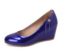 Qynthra Zapatos de Oficina de Punta Redonda Tacón de Cuña Slip On Cómodos Court Pumps Piel Charol Tacones de Trabajo Casuales para Oficina de Negocios y Viaje Diario,Azul,35 EU
