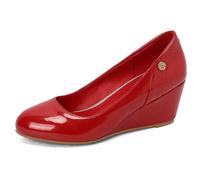Qynthra Zapatos de Oficina de Punta Redonda Tacón de Cuña Slip On Cómodos Court Pumps Piel Charol Tacones de Trabajo Casuales para Oficina de Negocios y Viaje Diario,Rojo,42 EU