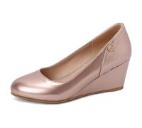 Qynthra Zapatos de Oficina de Punta Redonda Tacón de Cuña Slip On Cómodos Court Pumps Piel Charol Tacones de Trabajo Casuales para Oficina de Negocios y Viaje Diario,Rosado,36 EU