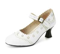 Qynthra Zapatos de Oficina Mary Jane Punta Redonda Tacón Gatito con Detalle Brogue Vintage Correa Ajustable Cómodos Pumps de Trabajo para Trabajo de Oficina y Ropa Profesional,Blanca,46 EU