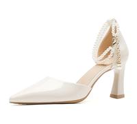 Qynthra Zapatos de Oficina Profesionales para Mujer Punta Estrecha y Tacón Ancho para Trabajo y Diario Tacones de Charol Clásicos con Forro de Microfibra,Beige,41 EU