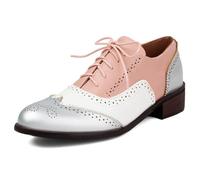 Qynthra Zapatos Oxford con Cordones para Mujer Tacón bajo Cuadrado Zapatos Brogue con Puntera alada para Oficina y Paseos urbanos Estilo Casual Inteligente Multicolor PU,Rosado,38 EU