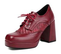 Qynthra Zapatos Oxford Mujer Cordones Brogues Fibra Ultra Punta Cuadrada Tacones Gruesos con Plataforma 2CM Retro Tacones Altos para Oficina Casual Fiesta Primavera Otoño,Rojo,39 EU