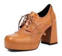 Qynthra Zapatos Oxford Mujer Cordones Brogues Fibra Ultra Punta Cuadrada Tacones Gruesos con Plataforma 2CM Retro Tacones Altos para Oficina Casual Fiesta Primavera Otoño,Amarillo,37 EU