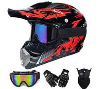 QYTK® Casco Motocross Niño Rojo Negro, MT-51 Full Face Motorcycle Cross Helmet Casco Motocicleta con Gafas Guantes Mascarilla, Al Aire Libre Motorbike ATV MTB Racing Seguridad Set,S(52~53CM)