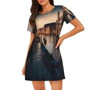 QYUHBNS Camisón de manga corta con estampado de Venecia para mujer, cómodo y casual, Negro, XXL