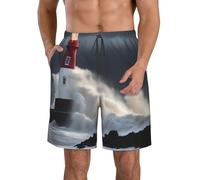 QYUHBNS Lighthouse in Storm - Pantalones cortos de playa para hombre, con cordón, cintura elástica, casual, a la moda, ligeros, trajes de baño, blanco, L