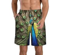 QYUHBNS Pantalones cortos de playa para hombre, con estampado de plumas de pavo real, cintura elástica, casual, a la moda, ligeros, trajes de baño, blanco, S