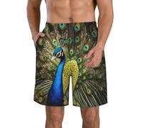 QYUHBNS Pantalones cortos de playa para hombre, con estampado de plumas de pavo real, cintura elástica, casual, a la moda, ligeros, trajes de baño, blanco, XXL