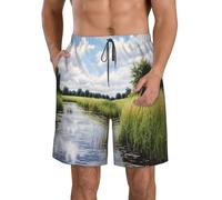 QYUHBNS Reeds By The River - Pantalones cortos de playa para hombre, con cordón, cintura elástica, casual, a la moda, ligeros, trajes de baño, blanco, S