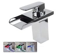 QYWSJ Grifo de Lavabo con Luz Led para Baño, con Sensor de Temperatura, Grifo para Lavabo con Cascada, Monomando, Montaje en Cubierta con Un Orificio