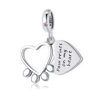 QYYZTHX Paw Prints On My Heart Dangle Charm Pet Cat Dog Animal Memorial Genuine 925 Sterling Silver Compatible with Bracelet