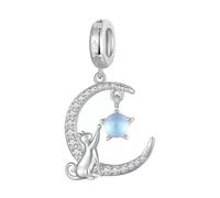 QYYZTHX Sparkling Cat In The Moon Dangle Charm Genuine 925 Sterling Silver Compatible with Bracelet