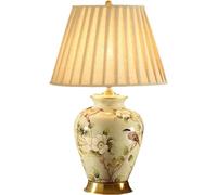 QYYZTQY 23.6” White Flower and Bird Ceramic Table Lamp Chinese styleDesk Lamp White Striped Fabric lampshade Bedside Desk Nightstand Table Lamp for Bedroom,Living Room,Family Room