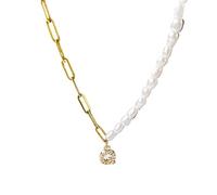 QYYZTQY 26 Letter Zircon Half Pearl Half Chain Necklace For Women Men, Vintage Half Pearl Necklace - Imitation Pearl Beaded Chain Necklace, Half Pearl Half Chain Necklace Initial For Birthday