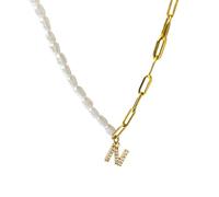 QYYZTQY 26 Letter Zircon Half Pearl Half Chain Necklace For Women Men, Vintage Half Pearl Necklace - Imitation Pearl Beaded Chain Necklace, Half Pearl Half Chain Necklace Initial For Birthday