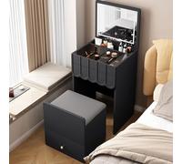 QYYZTQY 3-in-1 Makeup Vanity with Lights & Mirror - Stylish Black Dressing Table Easily Converts to Practical Desk or Nightstand Includes Hidden Chair for Space-Saving Elegance