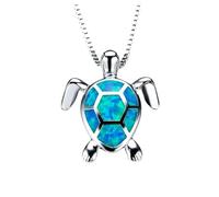 QYYZTQY 925 Sterling Silver Bohemia Blue Imitation Opal Turtle Necklace For Women, Cute Turtle Charm Choker - Hawaiian Turtle Necklace, Lovely Ocean Animal Turtle Pendant, Sea Turtle Necklace For