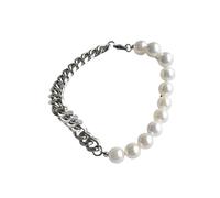 QYYZTQY 925 Sterling Silver Natural Half Pearl Half Chain Necklace For Women Men, Vintage Half Pearl Necklace Bracelet Sets - Punk Pearl Jewelry Sets, Half Pearl Half Chain Necklace Initial