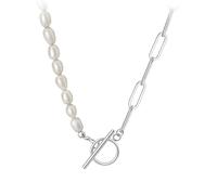 QYYZTQY 925 Sterling Silver Paperclip OT Buckle Half Pearl Half Chain Necklace For Women Men, Boho Style Half Pearl Necklace - Pearl Necklace, Half Pearl Half Chain Necklace Initial For