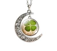 QYYZTQY 925 Sterling Silver Patrick Day Natural Four-Leaf Jewelry Glass Cabochon Crescent Moon Necklace Lucky Accessories for Women - Patricks Day Necklaces, Green Bead Necklace