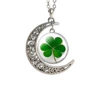 QYYZTQY 925 Sterling Silver Patrick Day Natural Four-Leaf Jewelry Glass Cabochon Crescent Moon Necklace Lucky Accessories for Women - Patricks Day Necklaces, Green Bead Necklace