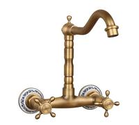 QYYZTQY All-Copper Wall Bathroom washbasin, Basin, Double Handle, Cold and Hot Water Faucet, Antique Ceramic Straight Five Links, High