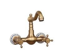 QYYZTQY All-Copper Wall Bathroom washbasin, Double Handle, Hot and Cold Water Faucet, Antique Ceramic Gourd, Low Model