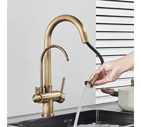 QYYZTQY Antique Brass 3 Way Filter Tap Dual Handle Pull out Kitchen Sink Mixer Faucet Hot and Cold Drinking Water Filtrat