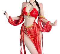 QYYZTQY Arabian Belly Dance Costume for Women Lingerie Dress Anime Cosplay Outfit Nights Cheongsam Cute Exotic Roleplay High Slit Halter Bra Long Skirt Set Red