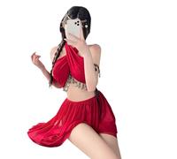 QYYZTQY Arabian Belly Dance Lingerie Dress for Women Costume Anime Cosplay Sequin Fringe Chiffon Outfit Cheongsam Qipao Cute Roleplay High Slit Sleepwear Halter Bra Short Skirt Set Red