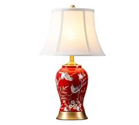 QYYZTQY Bedside Table Lamp Chinese Ceramic Table Lamp Hand Painted Flower and Bird Glazed Nightstand Lamp Red for Bedroom Living Room Nightstand Lamp for Bedroom(Remote Control Switch)
