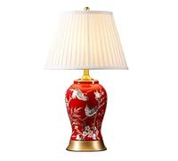 QYYZTQY Bedside Table Lamp Red Ceramic Table Lamp Desktop Lamp Hand Painted Flowers and Birds for Bedroom Living Room Nightstand Lamp for Bedroom(A,Remote Control Switch)