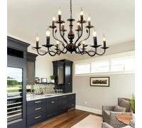 QYYZTQY Black Chandelier E14 Living Room Metal Lamp 12 Lights Double-Layer Iron Light Classic Retro Industrial Ceiling Lighting Restaurant Kitchen Island Bedroom Corridor Ligh/12 He