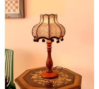 QYYZTQY Brown Wood Farmhouse Table Lamp Stripe Fabric Shade Mid Century Table Lamp Tall Antique Bedside Lamp Vintage Retro Nightstand Light for Girls Bedroom Desk Living Room Office Home