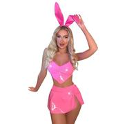 QYYZTQY Bunny Lingerie for Women Outfit Cosplay Costume Girl Backless Chain Garter Babydoll PU Leather Dress Anime Roleplay Rabbit High Slit Ears Bra Skirt Thong Set Pink