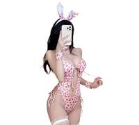 QYYZTQY Bunny Outfit for Women Lingerie Cosplay Costume Rabbit Maid Girl Cute Leopard Print Bodysuit Babydoll Anime Roleplay Ears Bra Tail Christmas Set Pink