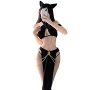 QYYZTQY Cat Outfit for Women Lingerie Cute Cosplay Costume Babydoll Egyptian Anime Roleplay Halter Neck Halloween Bodysuit Skirt Dress Top Ears Tail Set Black